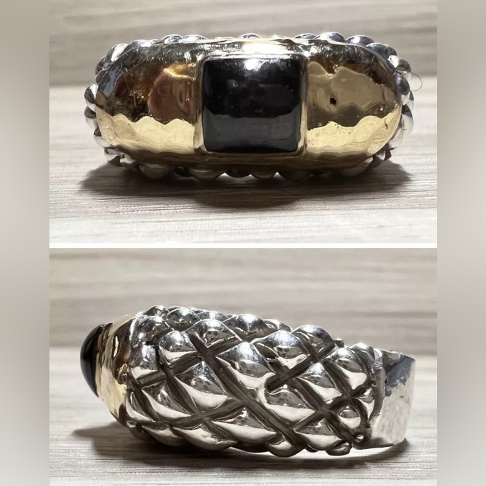Designer Dian Malouf Sterling Silver & 14K Yellow Gold Textured Dome Ring,Size 7